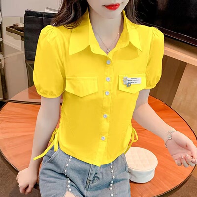 开衫短袖抽绳泡泡袖衬衫女