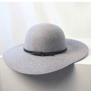 时尚简约英伦保暖帽秋冬礼帽女羊毛帽大边帽皮带扣圆顶大檐帽出游