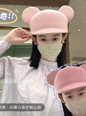 秋冬日本款CL4家米奇帽萌萌耳朵帽羊毛呢女复古甜美风时装毡帽子