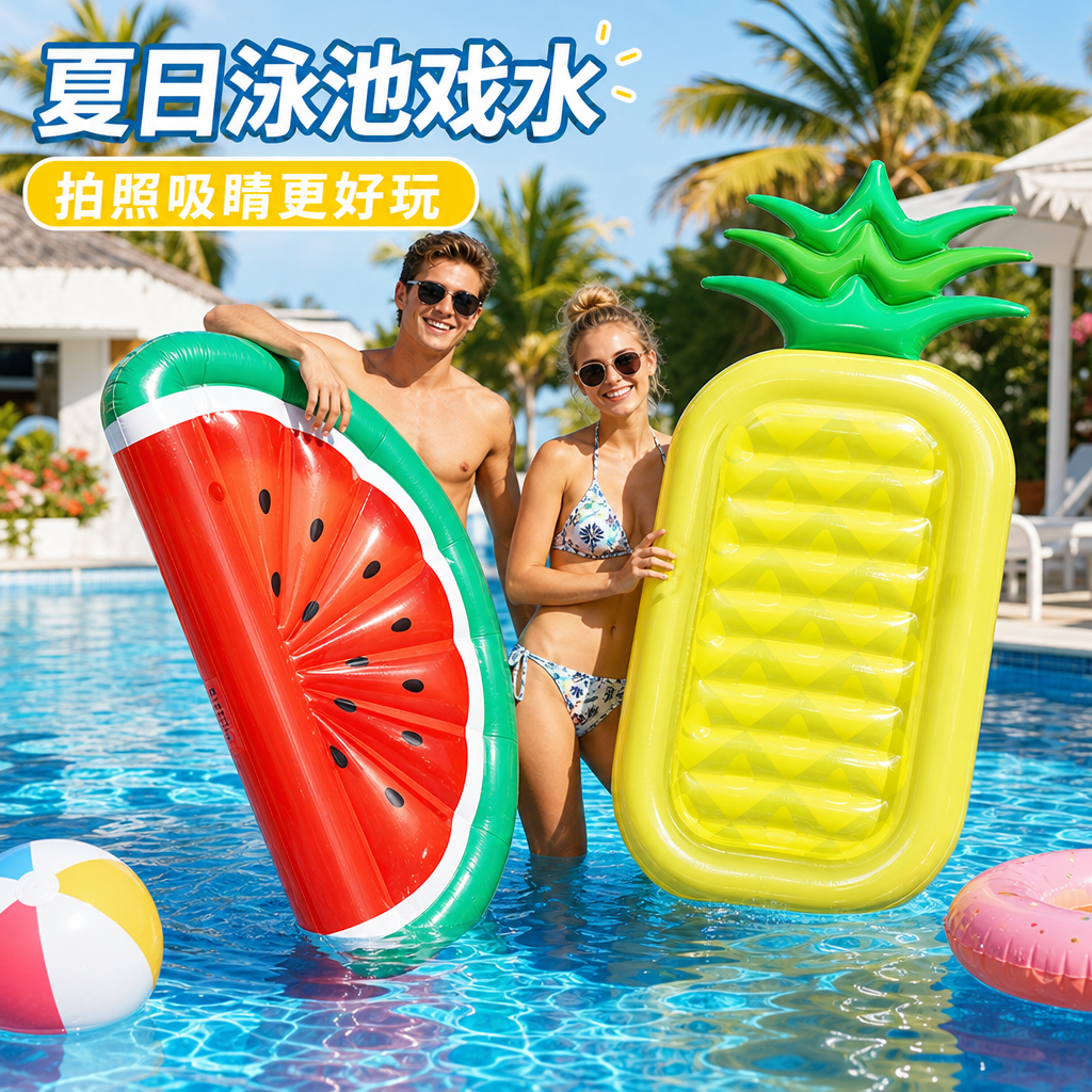 水上充气半圆西瓜菠萝浮排浮床游泳圈漂浮气垫玩具水上座戏水拍照