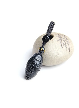 天然黑曜石六字真言珠子挂坠