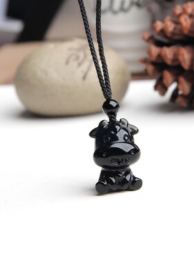 博语天然黑曜石牛挂坠牛吊坠