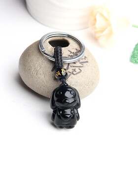 天然黑曜石小狗钥匙扣挂坠
