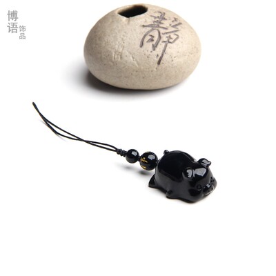 博语天然黑曜石小猪手机挂件挂坠