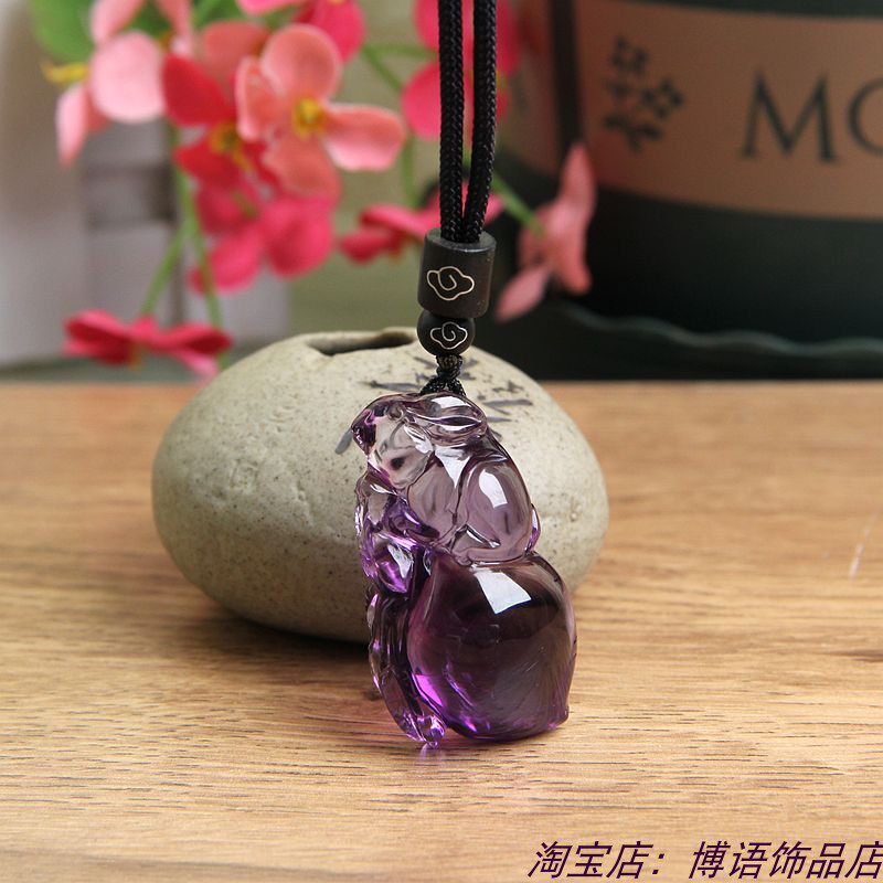 精雕天然紫水晶兔子爱萝卜吊坠挂坠紫色水晶兔挂件生肖兔项链项坠
