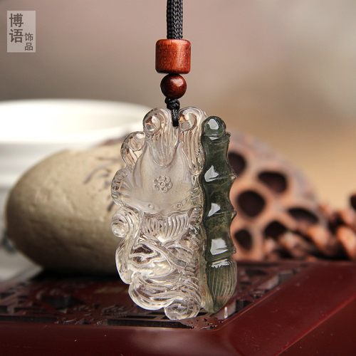 博语天然绿幽灵水晶九尾狐挂件