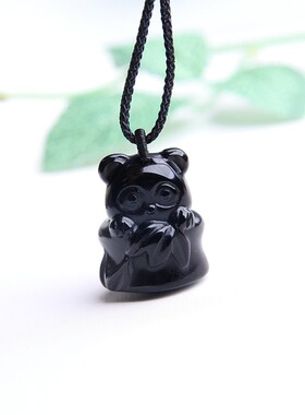 天然黑曜石熊猫挂坠小熊猫项链