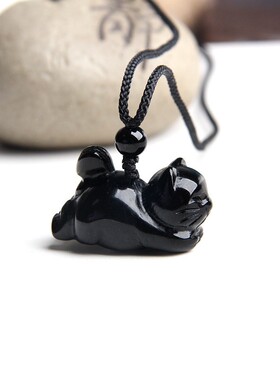 天然黑曜石猫项链趴趴猫挂件