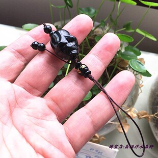 手编款天然黑曜石可爱猪猪手机链吊坠生肖水晶精雕小猪手机链挂件