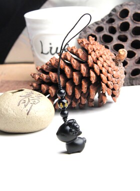 博语天然黑曜石小羊手机挂件