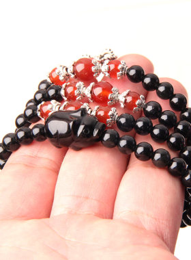 天然黑曜石多圈手链猪手链