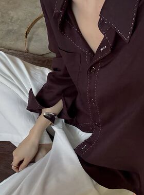 2026春THE CLOUD新品复古高级天丝麻绣花休闲衬衫女酱紫色拼线