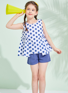 纯棉童装2023夏季儿童两件套女童套装中小童波点背心休闲短裤薄款