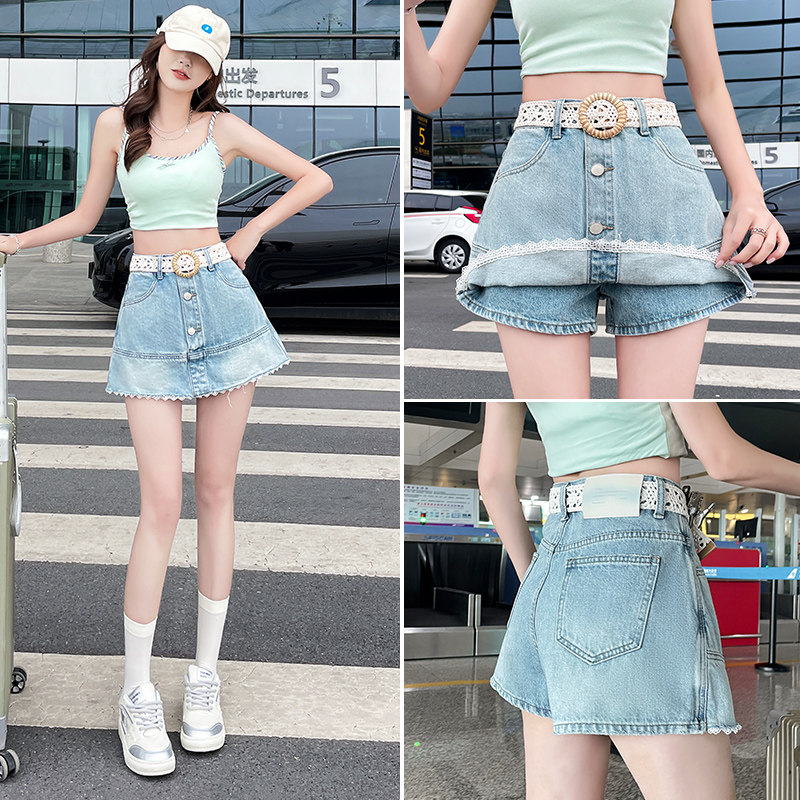 高腰牛仔短裙裤女春秋夏季2026新款显瘦蕾丝花边辣妹a字热短裤子
