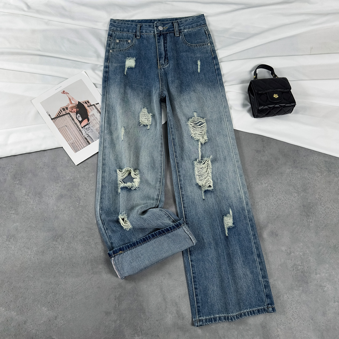 破洞阔腿牛仔裤女春秋夏季2025年新款设计感高腰显瘦宽松直筒裤子,女装/女士精品,牛仔裤,淘宝优惠券,粉丝福利购,淘宝优惠卷