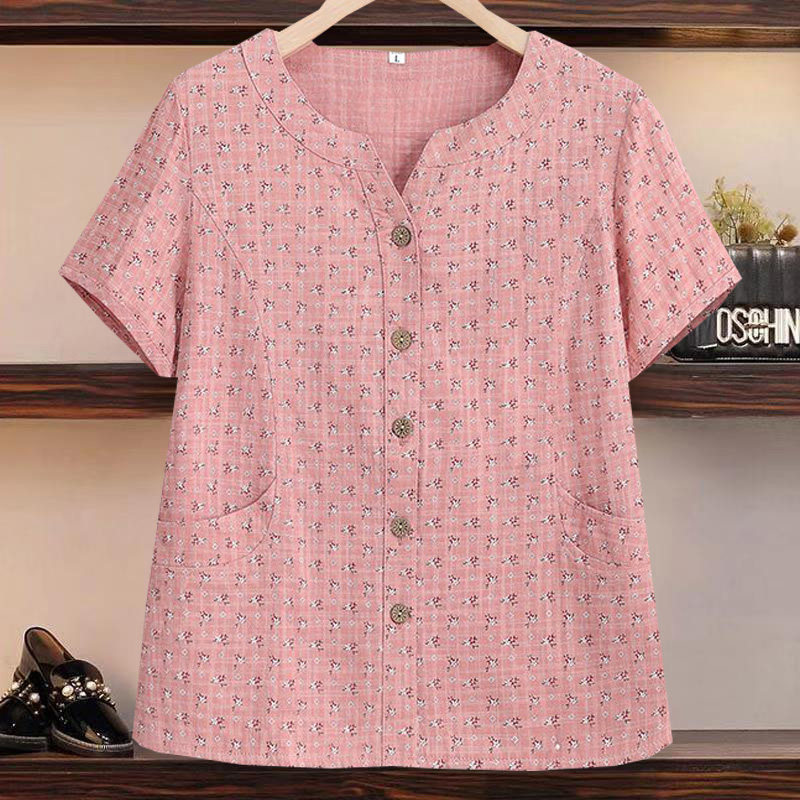 印花短袖妈妈上衣夏季新款短袖衬衣老年人洋气婆婆民族风纯棉衬衫