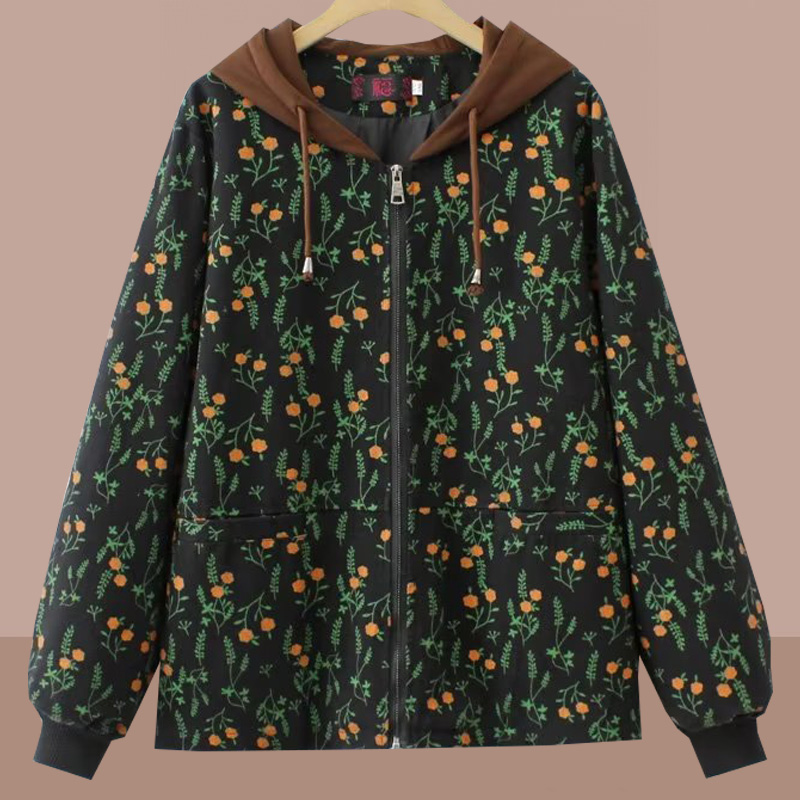 加肥加大码印花连帽衫上衣春秋装新款中老年妈妈装宽松牛仔外套女