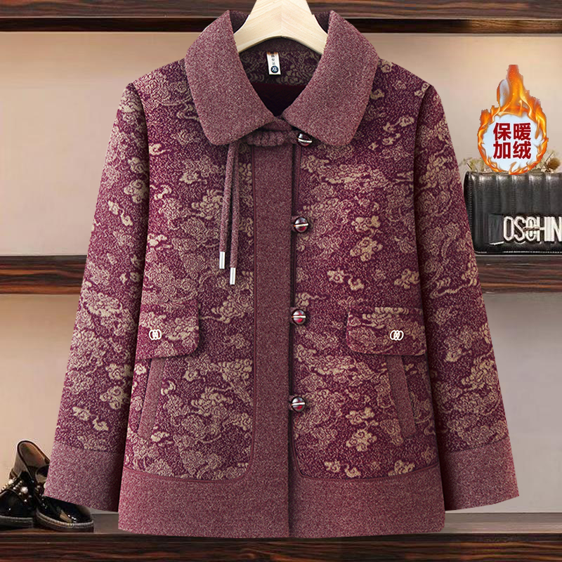 加绒加厚中长款印花毛呢毛衣外套