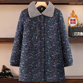 大码 翻领老太太保暖棉袄奶奶外套 印花加绒加厚棉服冬装 女装 中长款