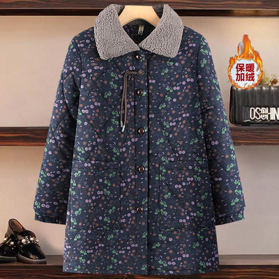 大码女装中长款印花加绒妈妈棉服