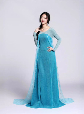 冰雪奇缘成人款连衣裙爱莎皇后蓝色长袖雪花表演裙舞台礼服裙外贸