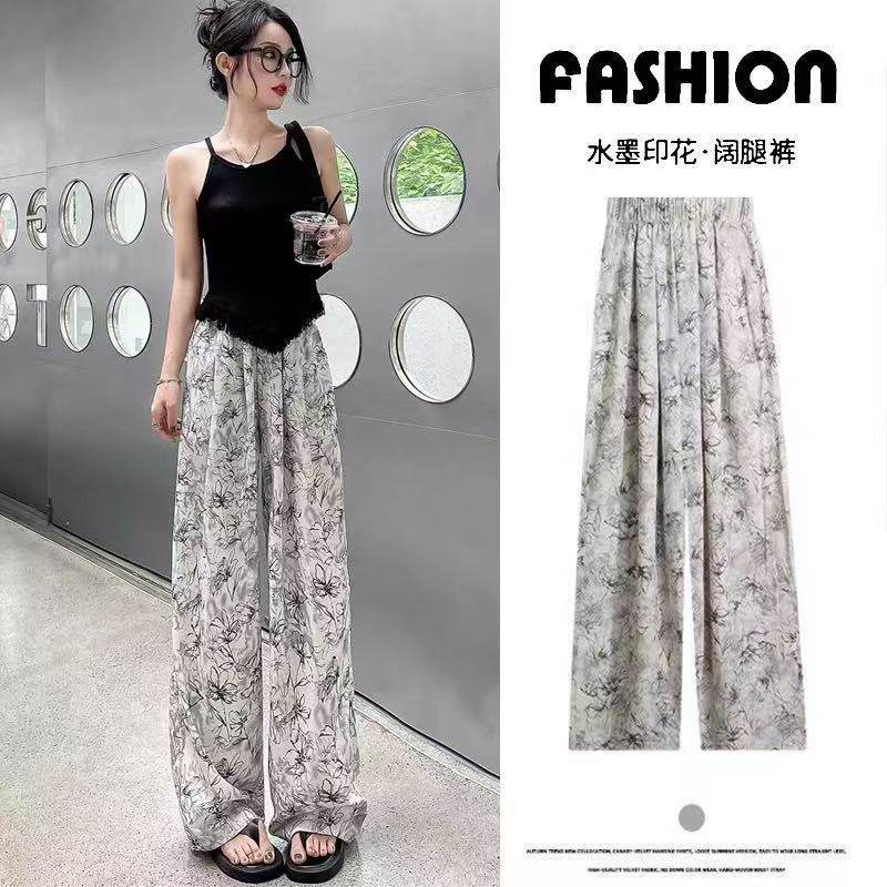 印花水墨国风冰丝阔腿裤女夏季高腰显瘦山本裤宽松直筒休闲遛弯裤,女装/女士精品,休闲裤,淘宝优惠券,粉丝福利购,淘宝优惠卷