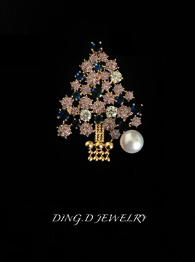 微镶锆石紫色圣诞树珍珠胸针圣诞树别针西装配饰圣诞节礼物