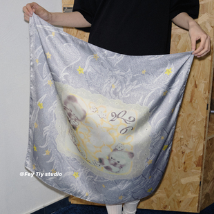 仿真丝百搭头巾装 feytiy 新款 星星方巾春夏季 饰丝巾女 银色系小猫