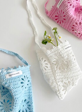 feytiy 多巴胺mini手工斜挎小包包 夏季编织手机包毛线针织镂空包