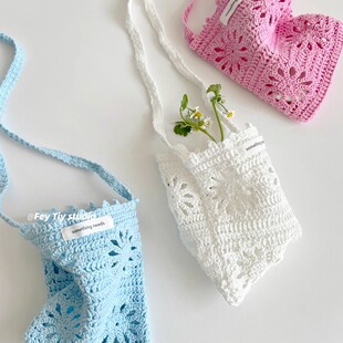 feytiy 多巴胺mini手工斜挎小包包 夏季编织手机包毛线针织镂空包