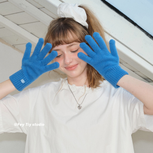 保暖 克莱因蓝可触屏分指针织澳洲羊毛手套女冬季 feytiy 100%羊毛