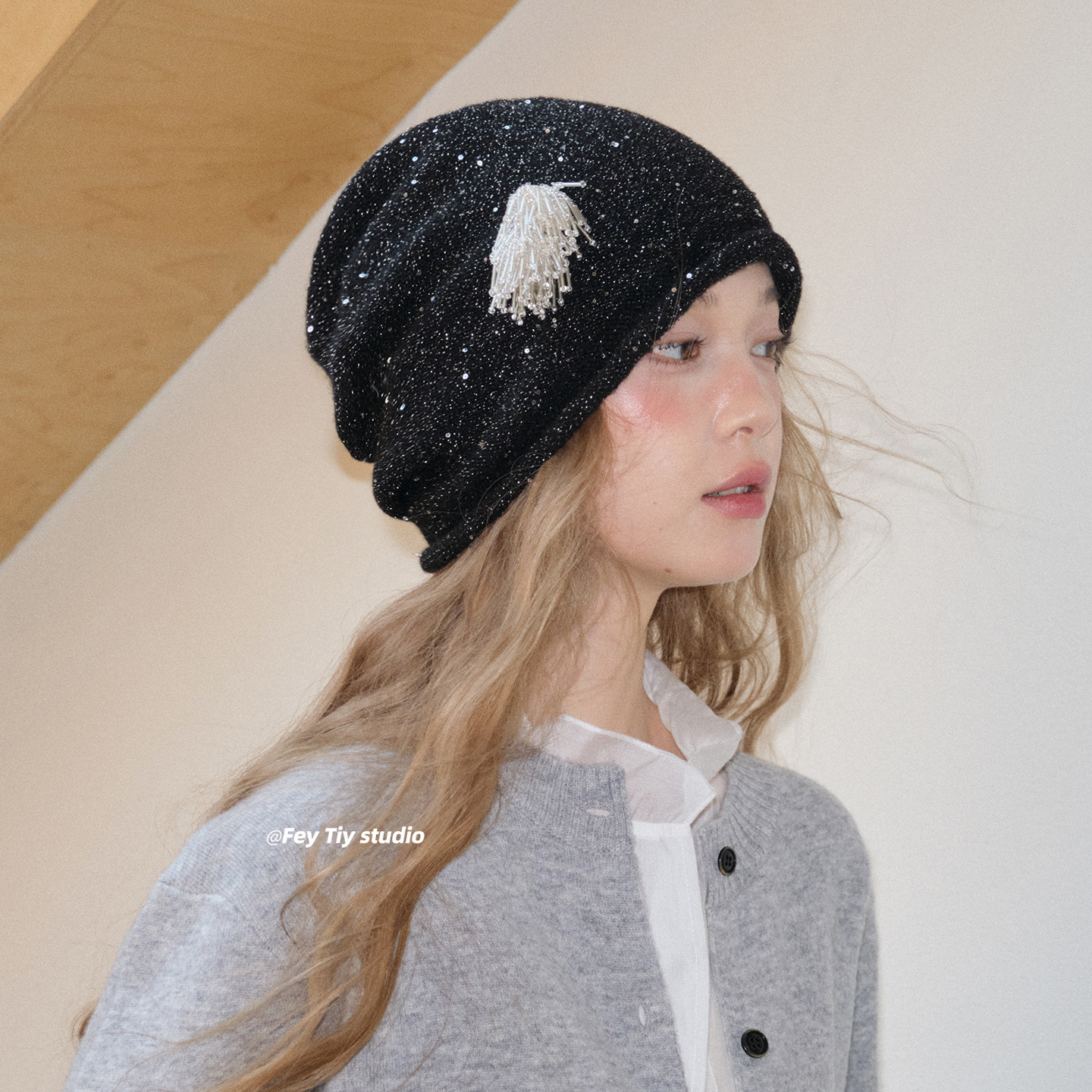 feytiy 手工串珠烟花冷帽针织包头帽女 秋冬新款百搭堆堆帽显脸小