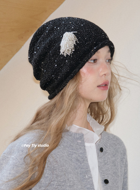 feytiy 手工串珠烟花冷帽针织包头帽女 秋冬新款百搭堆堆帽显脸小