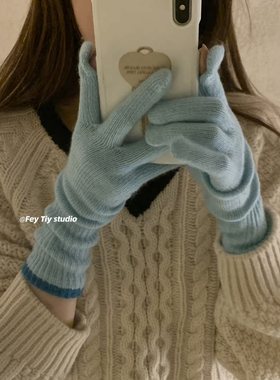 出口订单韩国ins博主秋冬保暖手套女分指可触屏长五指有孔仿羊绒