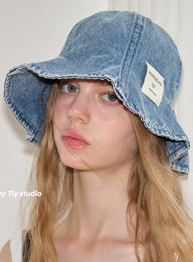 feytiy 松弛感 牛仔刺绣渔夫帽水洗复古盆帽遮阳日系桶帽韩国ins