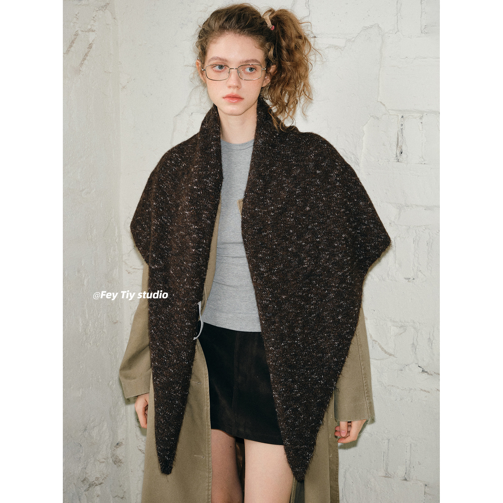 feytiy 混色质感 软糯加大保暖三角巾针织披肩秋冬季新款外搭斗篷