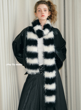 feytiy 定制毛毛 时髦百搭黑白条纹仿皮草针织围巾女秋冬保暖围脖