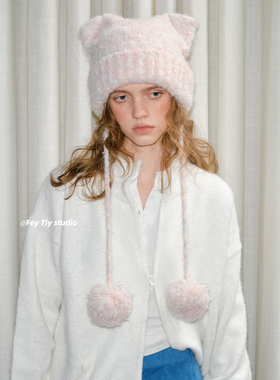 feytiy 定制猫耳球球帽秋冬保暖可爱百搭针织帽子套头帽女毛线帽