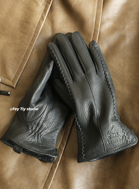 西班牙出口小羊皮柔软包裹黑色绵羊皮手套男女加绒加厚保暖秋冬季