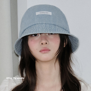 feytiy 春夏防晒遮阳复古盆帽百搭显脸小 日系简约质感条纹渔夫帽