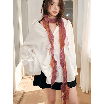 超酷~亚比风y2k不规则双色针织细长围巾小众少女装饰窄长款领巾潮