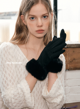 SOFT麂皮绒 极简风毛毛边加绒手套女礼物秋冬季保暖纯色防寒百搭