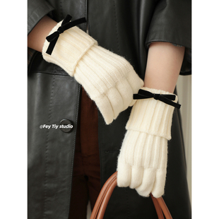 原创设计 可拆蝴蝶结针织手套秋冬保暖五指可触屏户外防寒 加厚版