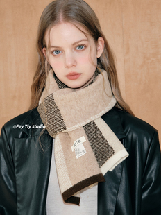 保暖围脖男女韩版 拼色针织含羊毛围巾秋冬季 气质小众设计 feytiy