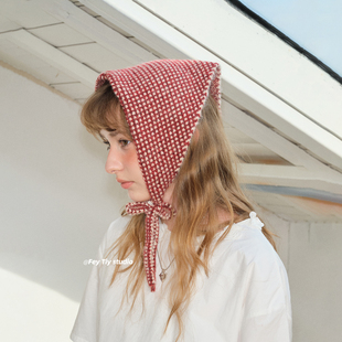 feytiy 毛线包头头巾围巾 古早感秋冬针织复古时髦格子百搭三角巾