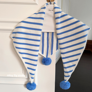 三角针织围巾冬季 条纹 加厚女保暖韩系百搭披肩围脖 毛球 feytiy