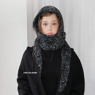 feytiy 加大巴拉克拉法帽 甜酷时髦复古针织连帽围巾男女秋冬保暖