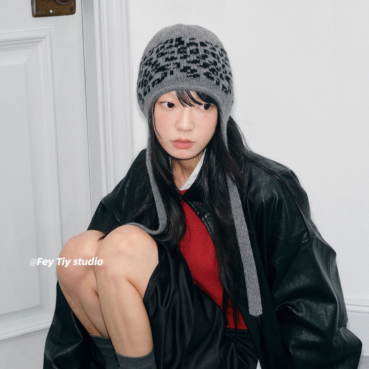 feytiy 100%wool纯羊毛豹纹系带护耳帽2025秋冬新款保暖针织帽女