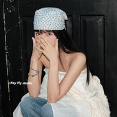 feytiy 超柔软 棉麻蓝色小fafa头巾帽包头小方巾女绑发领巾多功能