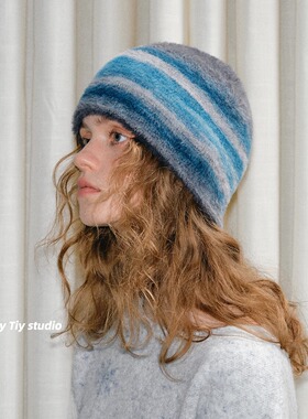 feytiy 个性小众条纹毛茸茸复古时髦毛线针织帽冷帽女秋冬季保暖